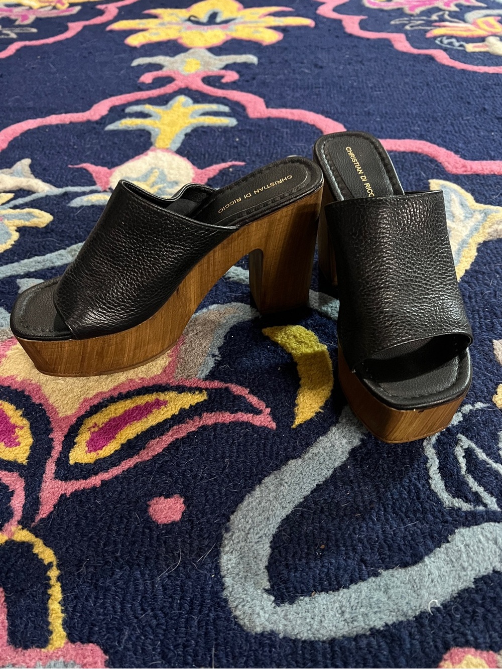 Black Pebbled Leather Platform Mules with Wood-Effect Heel